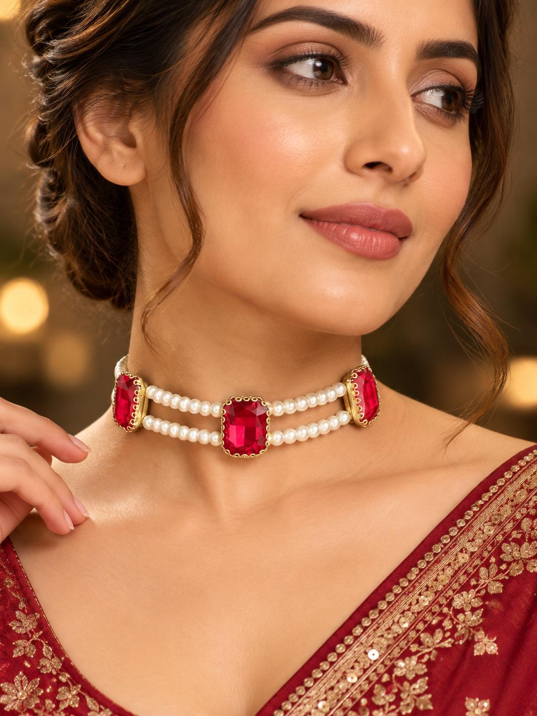 Ruby Empress Triple-Stone Pearl Choker