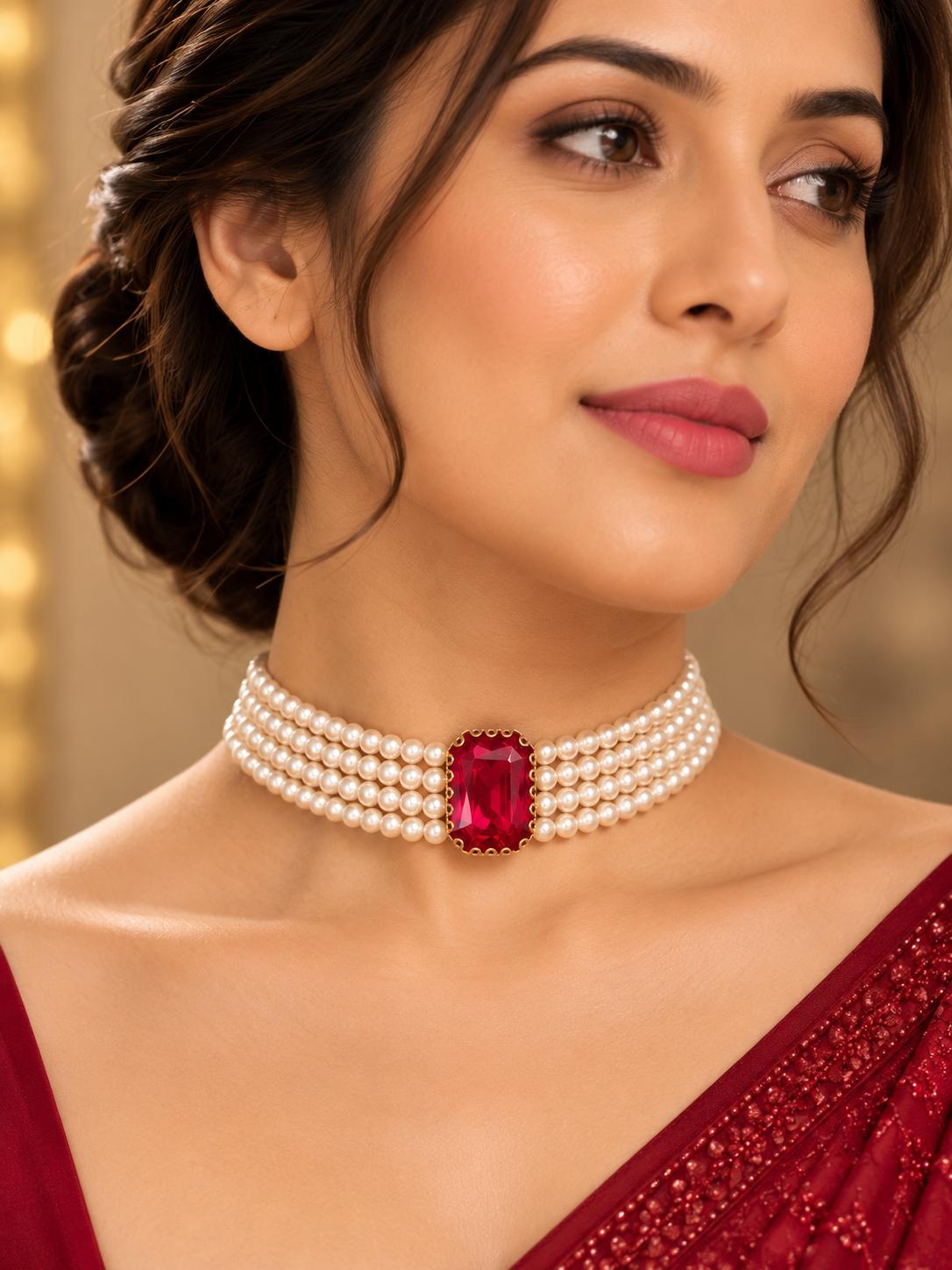 Ruby Royale Four-Layer Pearl Choker