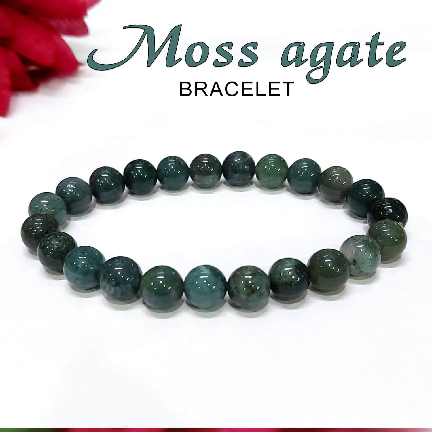 Green Moss Agate Natural Stone Beaded Stretch Bracelet – Round Healing Crystal PGB72