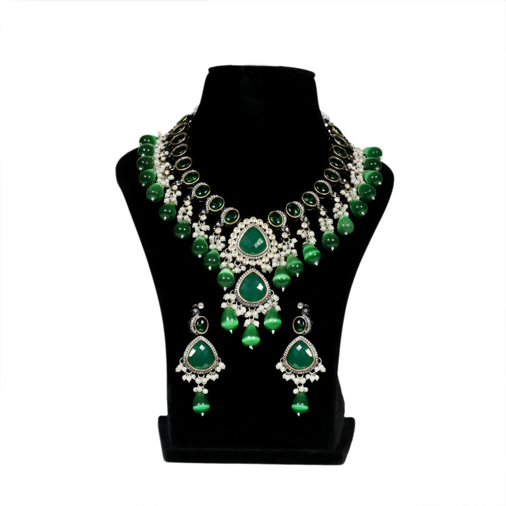 Trinity Necklace Set With Monalisa Stone Hangings And Dori