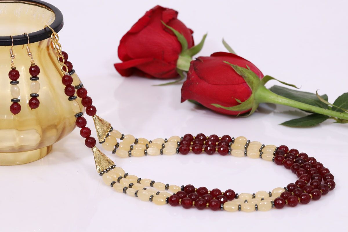 Imeora Tripple Line Maroon And Yellow Onyx Necklace Set With Black Hematite