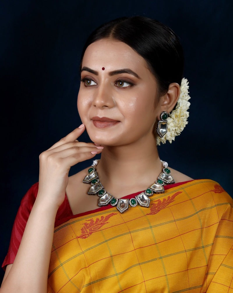 Imeora Designer Necklace Set With Alternate Green Stone And Handmade Dori