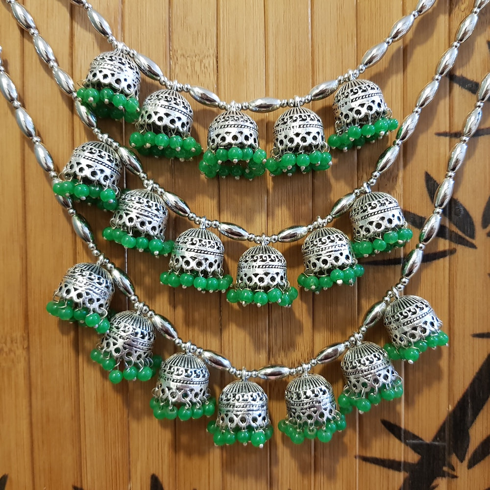 Imeora Multi Jhumki Tribal Necklace with Green Hangings