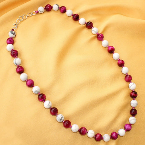 Imeora Knotted Howlite Calming Stone And Pink Tiger Eye Natural Stone Necklace With Earrings