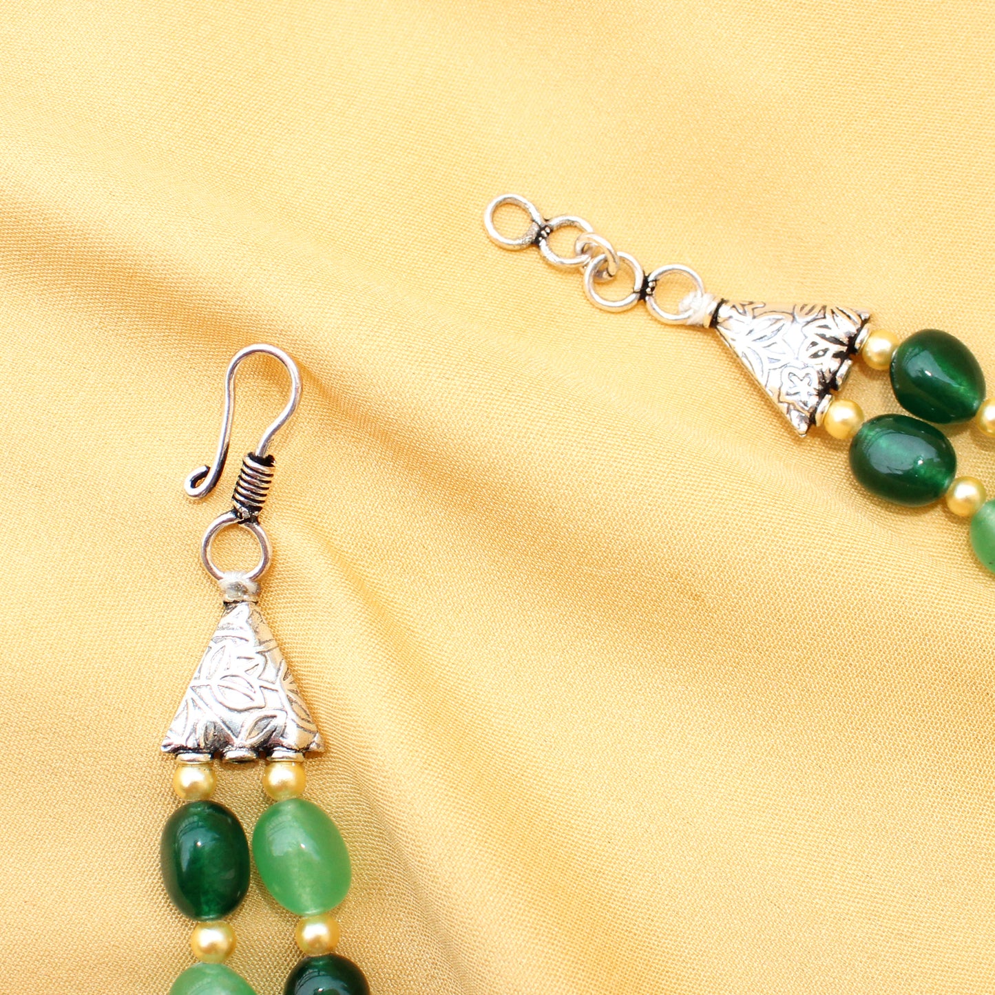 Imeora Dual Tone Green Quartz Double Line Necklace With Earrings