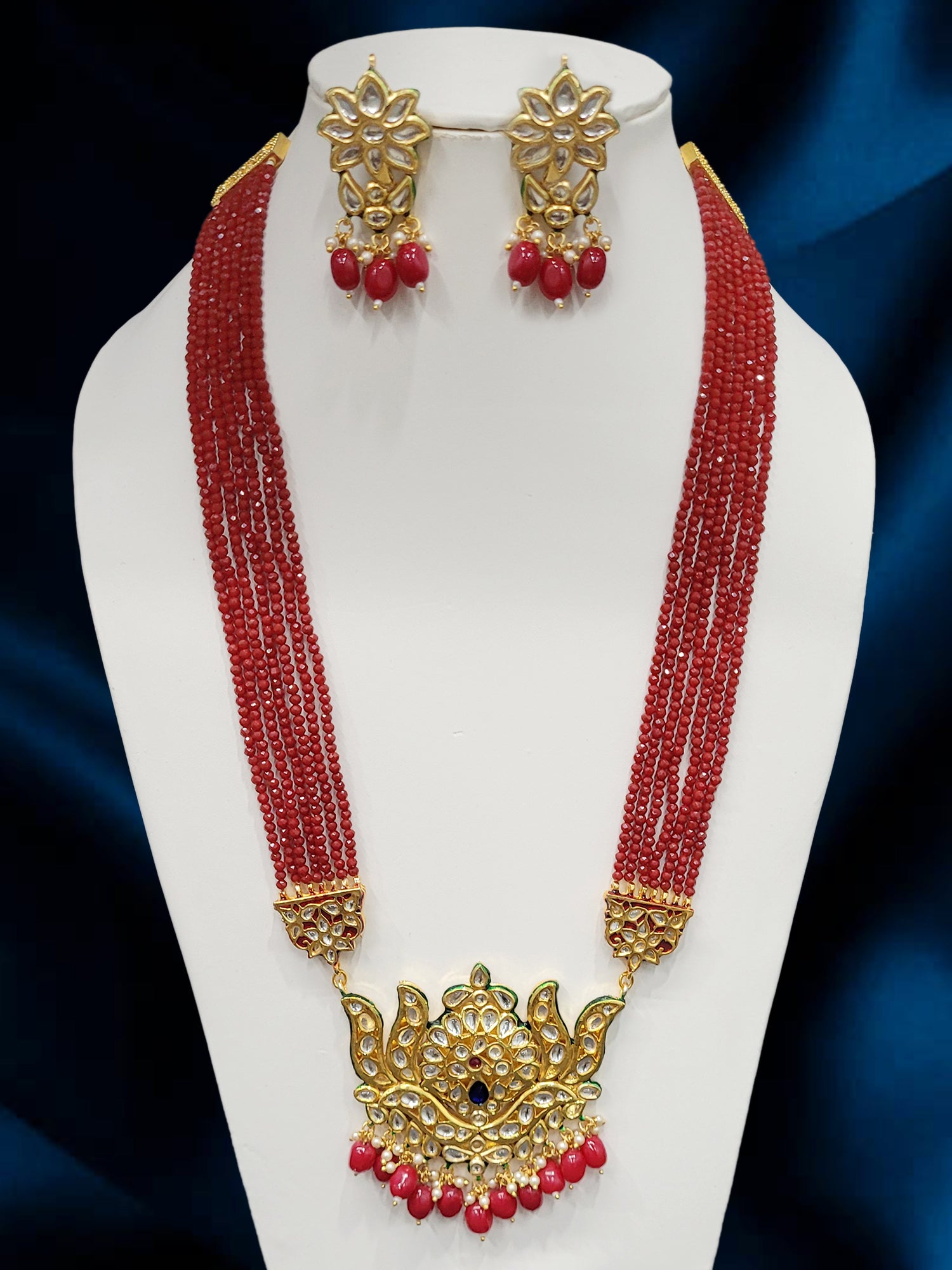 Imeora Designer Red Lotus Pendant Necklace Set With Handmade Dori Stone Hangings