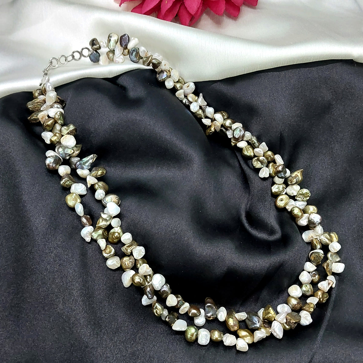 Freshwater Pearl Long Necklace, Flat Pastel Keshi Pearls, Rhinestone P –  Loulia Pearl Jewelry