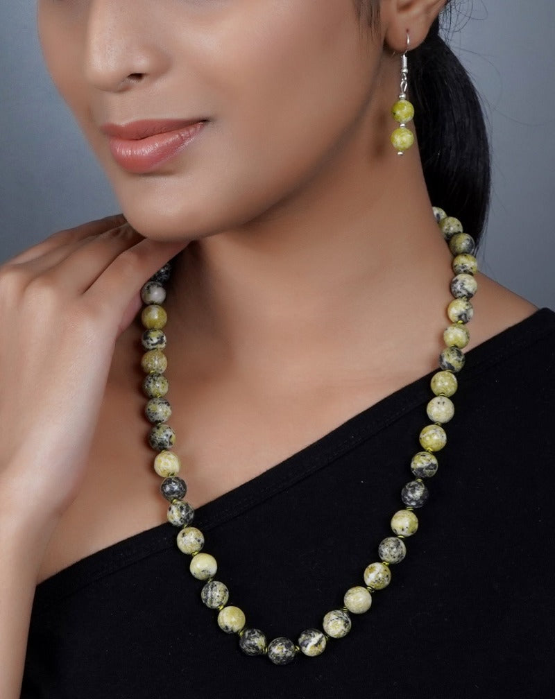 Imeora Hand Knotted Serpentine 10mm Natural Stone Necklace with 8mm Ea