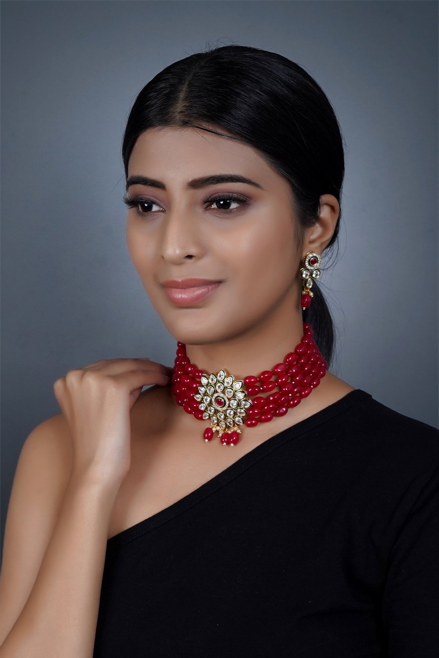 Imeora Designer Maroon Choker Necklace Set With Stone Hangings And Handmade Dori