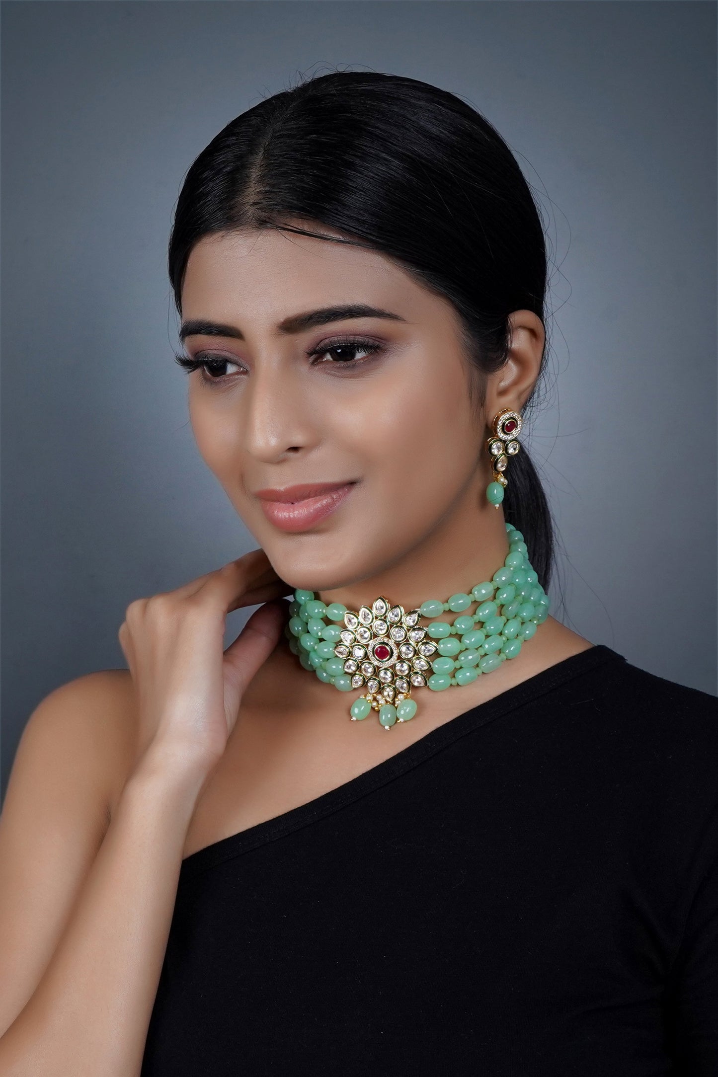 Imeora Designer Green Choker Necklace Set With Stone Hangings And Handmade Dori