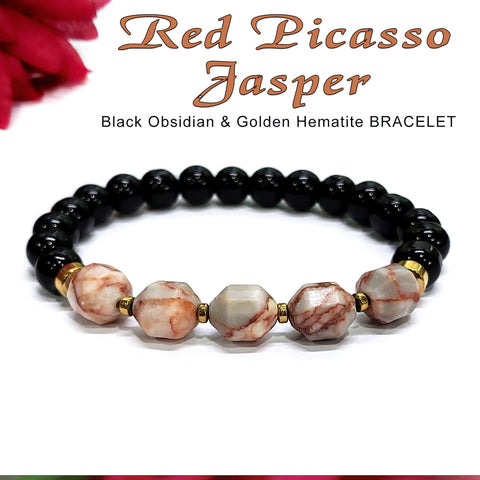 Diamond Cut Red Picasso Jasper With Black Obsidian And Golden Hematite Bracelet