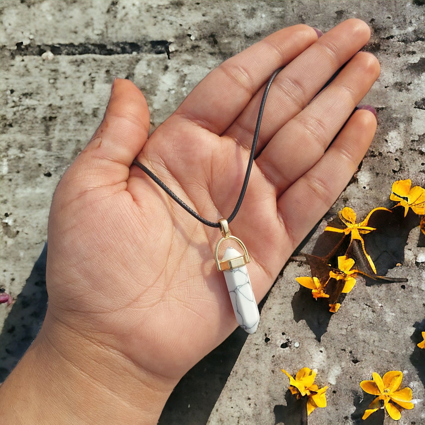 Pencil Shape Stone Pendants With 17 Inches Leatherite Adjustable Chain