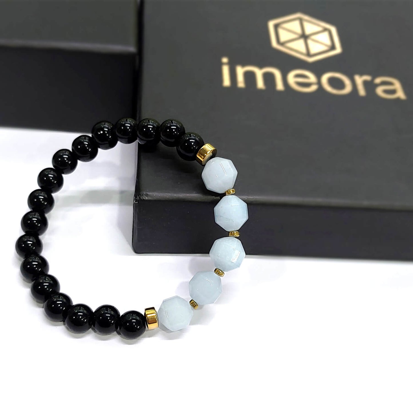 Diamond Cut Aquamarine With Black Obsidian And Golden Hematite Bracelet