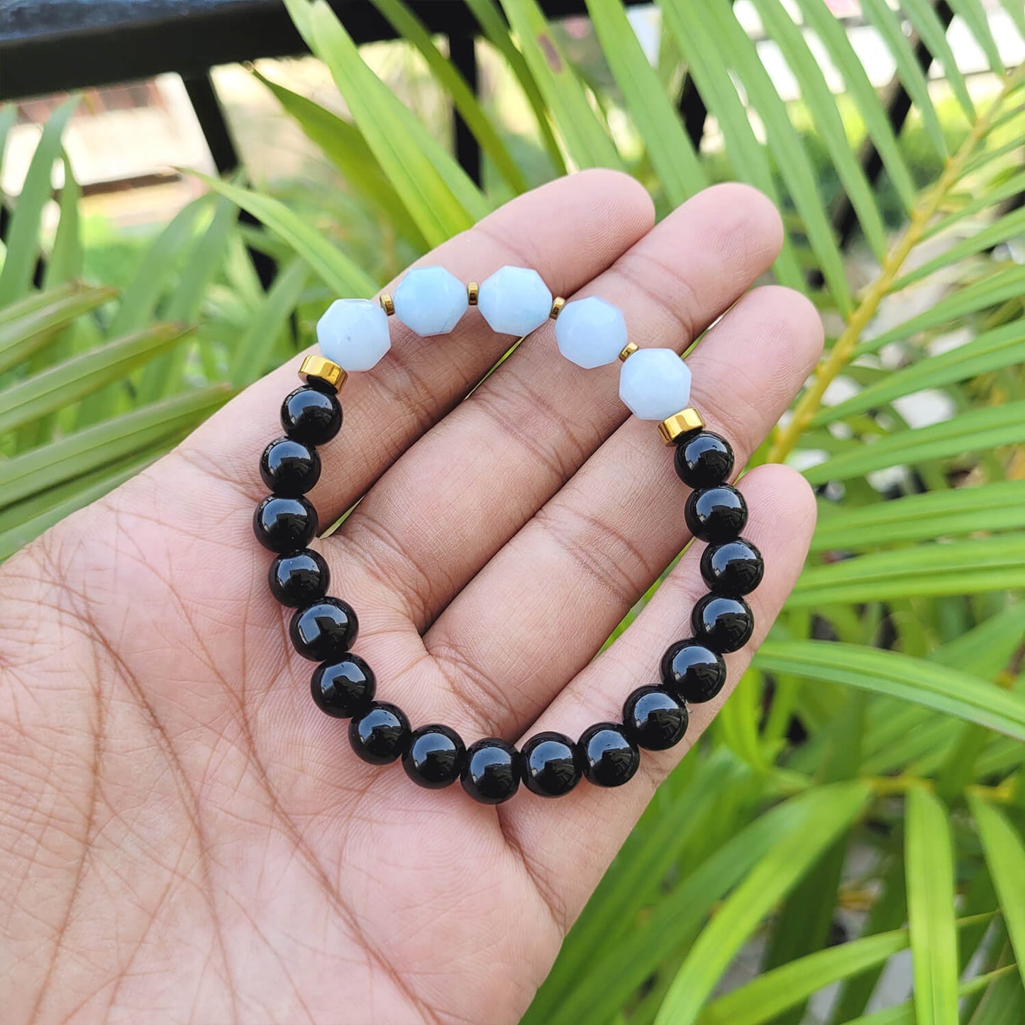 Diamond Cut Aquamarine With Black Obsidian And Golden Hematite Bracelet