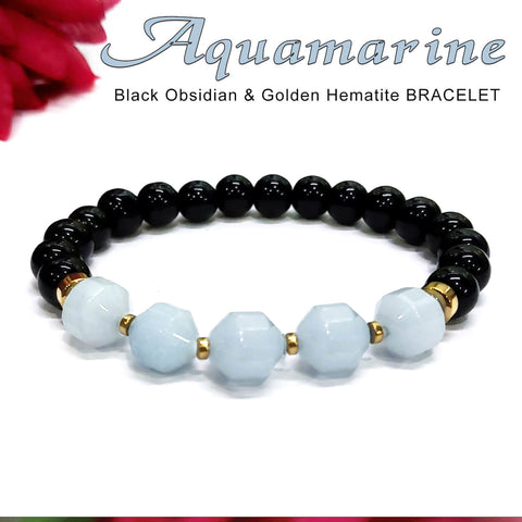 Diamond Cut Aquamarine With Black Obsidian And Golden Hematite Bracelet