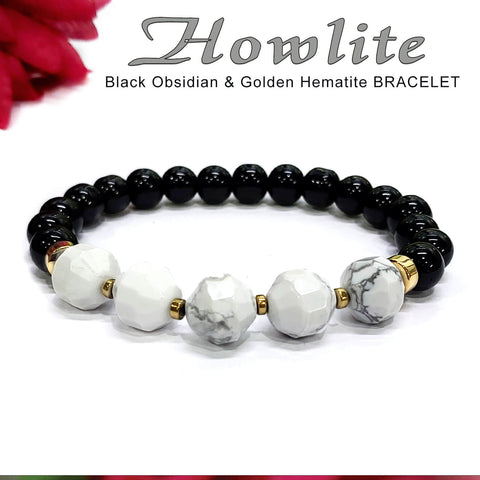 Diamond Cut Howlite With Black Obsidian And Golden Hematite Bracelet