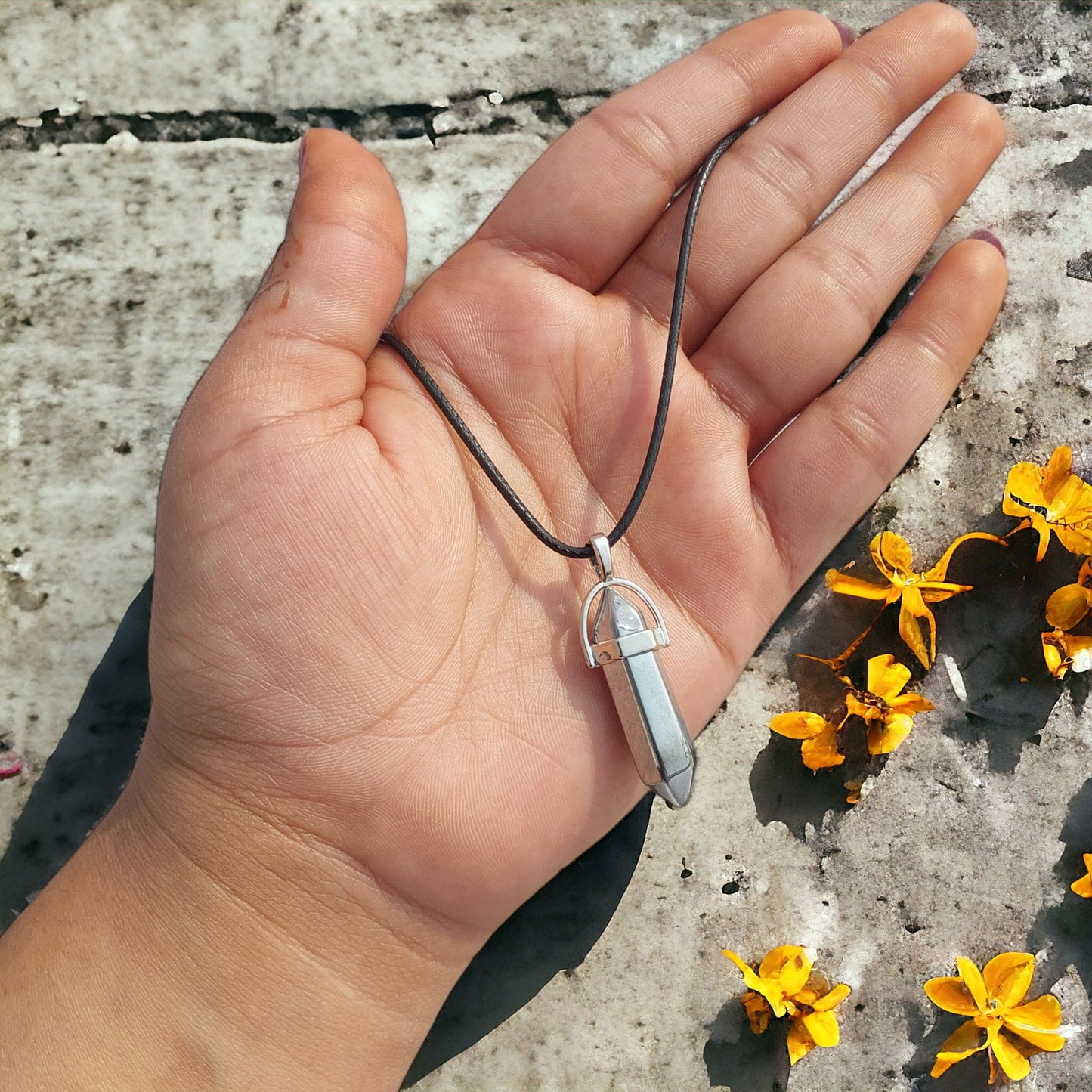 Pencil Shape Stone Pendants With 17 Inches Leatherite Adjustable Chain