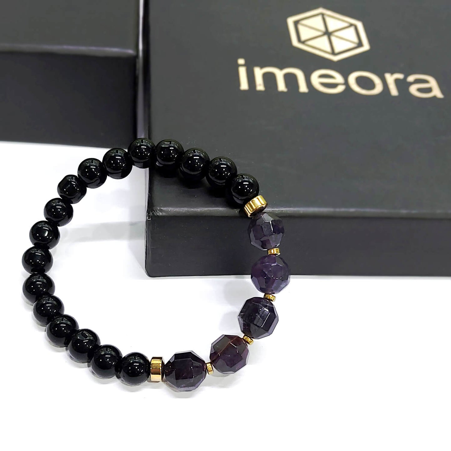 Diamond Cut Amethyst With Black Obsidian And Golden Hematite Bracelet