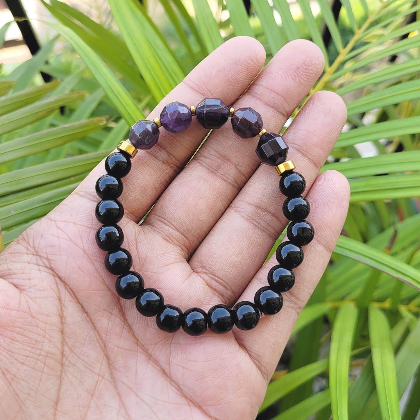 Diamond Cut Amethyst With Black Obsidian And Golden Hematite Bracelet