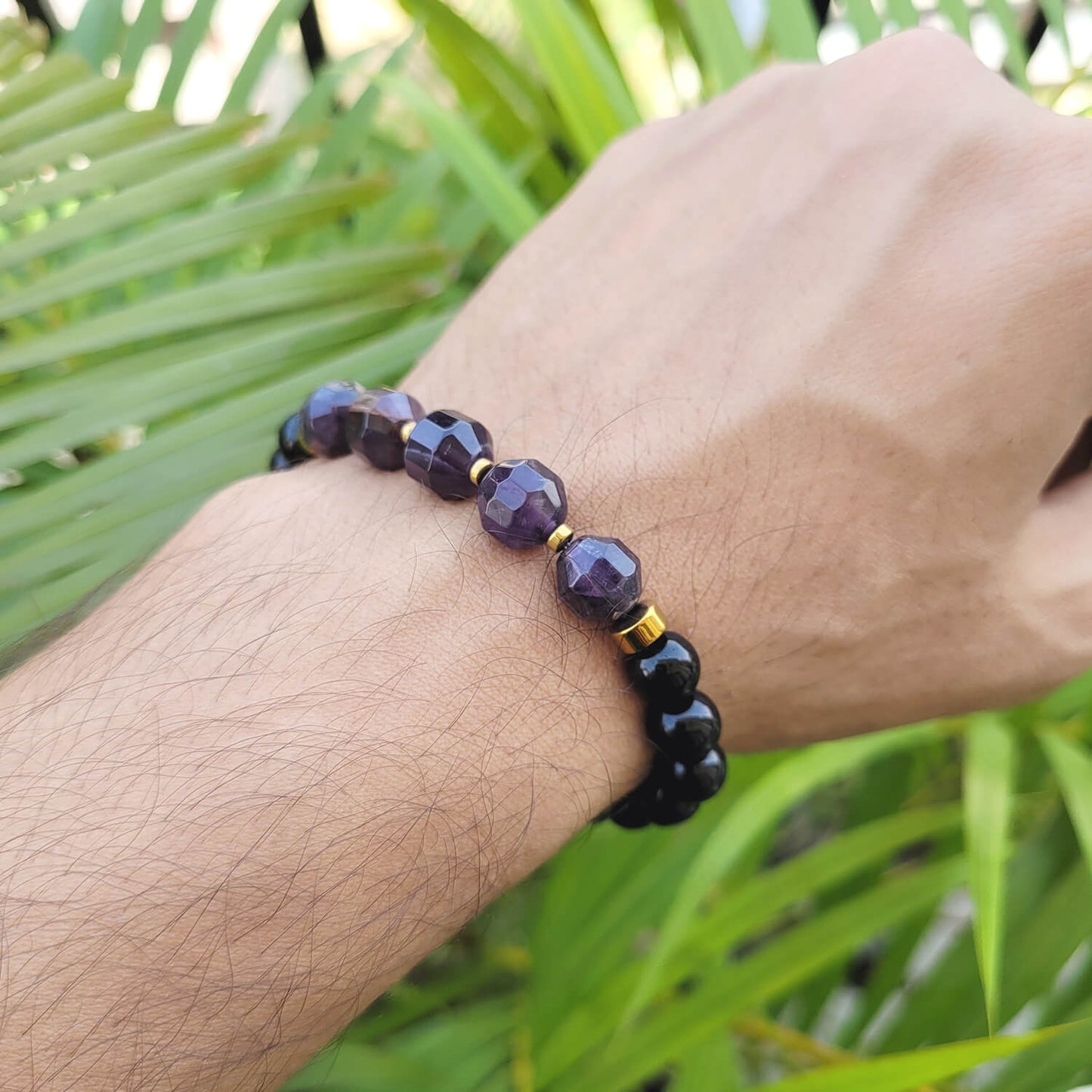 Diamond Cut Amethyst With Black Obsidian And Golden Hematite Bracelet