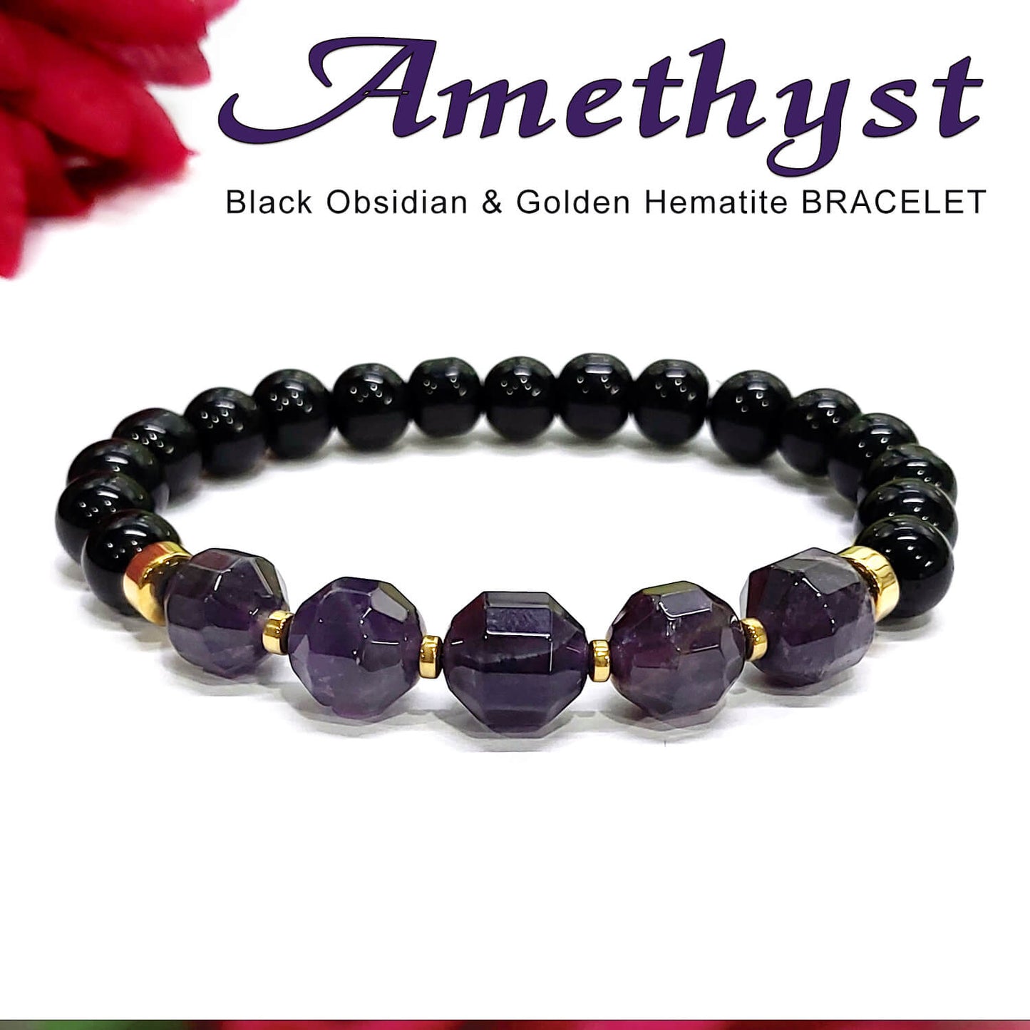 Diamond Cut Amethyst With Black Obsidian And Golden Hematite Bracelet