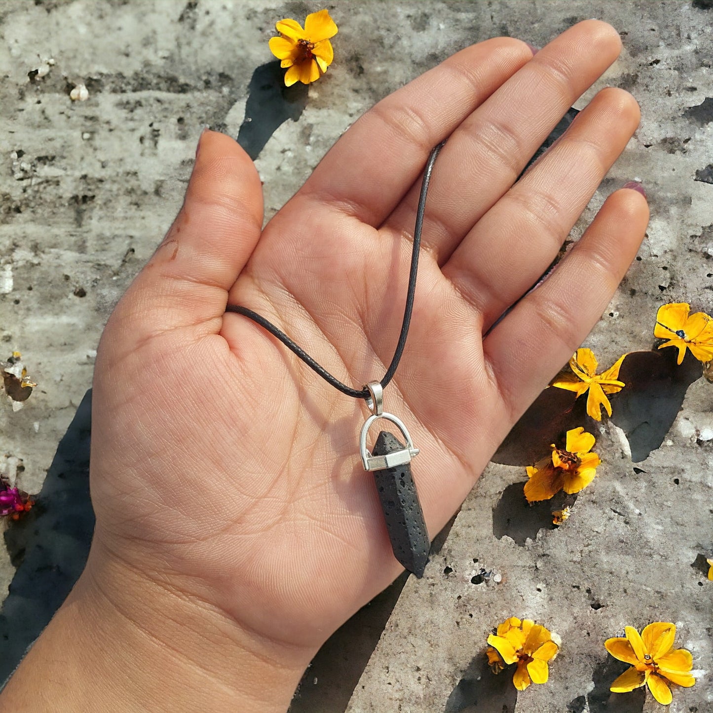 Pencil Shape Stone Pendants With 17 Inches Leatherite Adjustable Chain