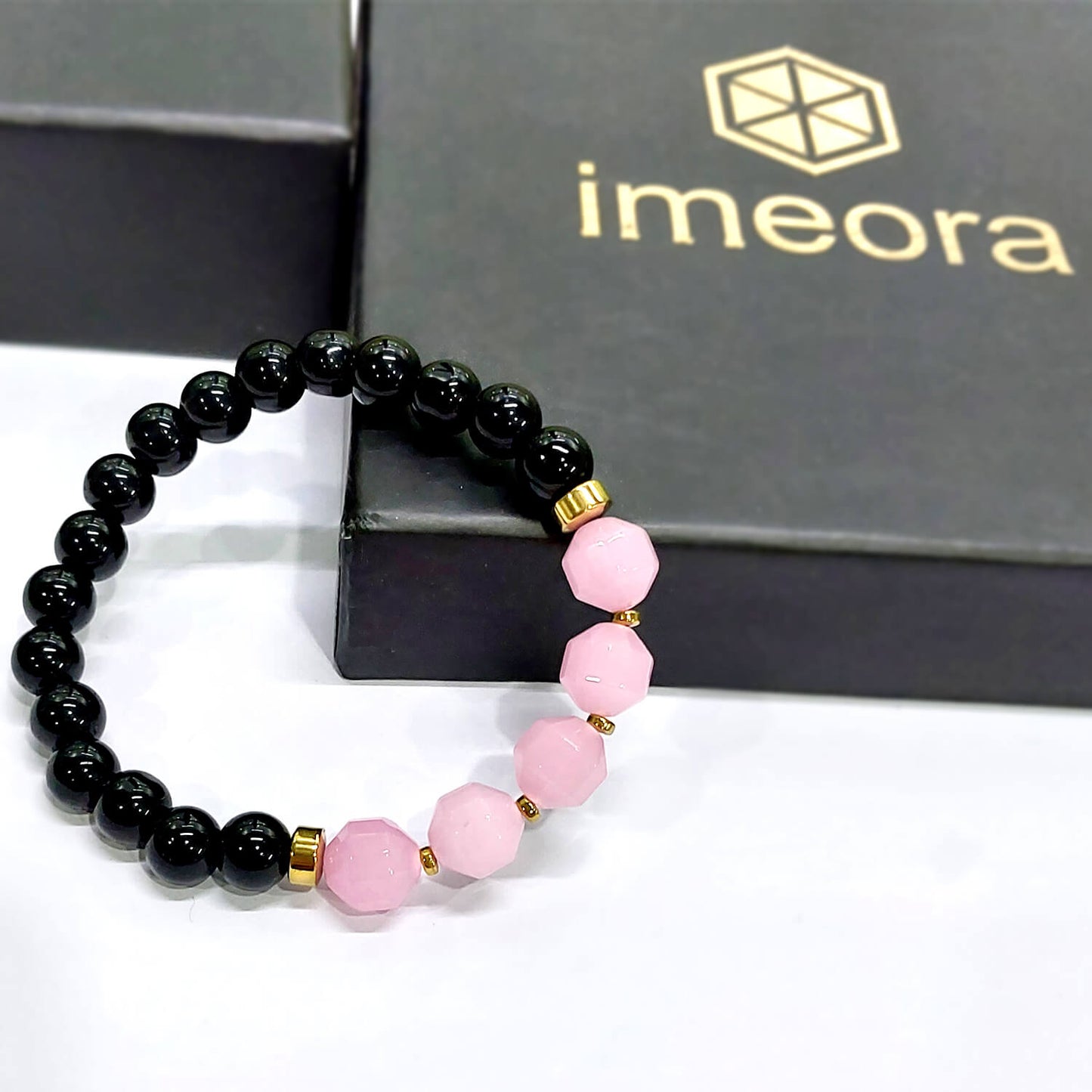 Diamond Cut Rose Quartz With Black Obsidian And Golden Hematite Bracelet