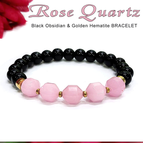 Diamond Cut Rose Quartz With Black Obsidian And Golden Hematite Bracelet
