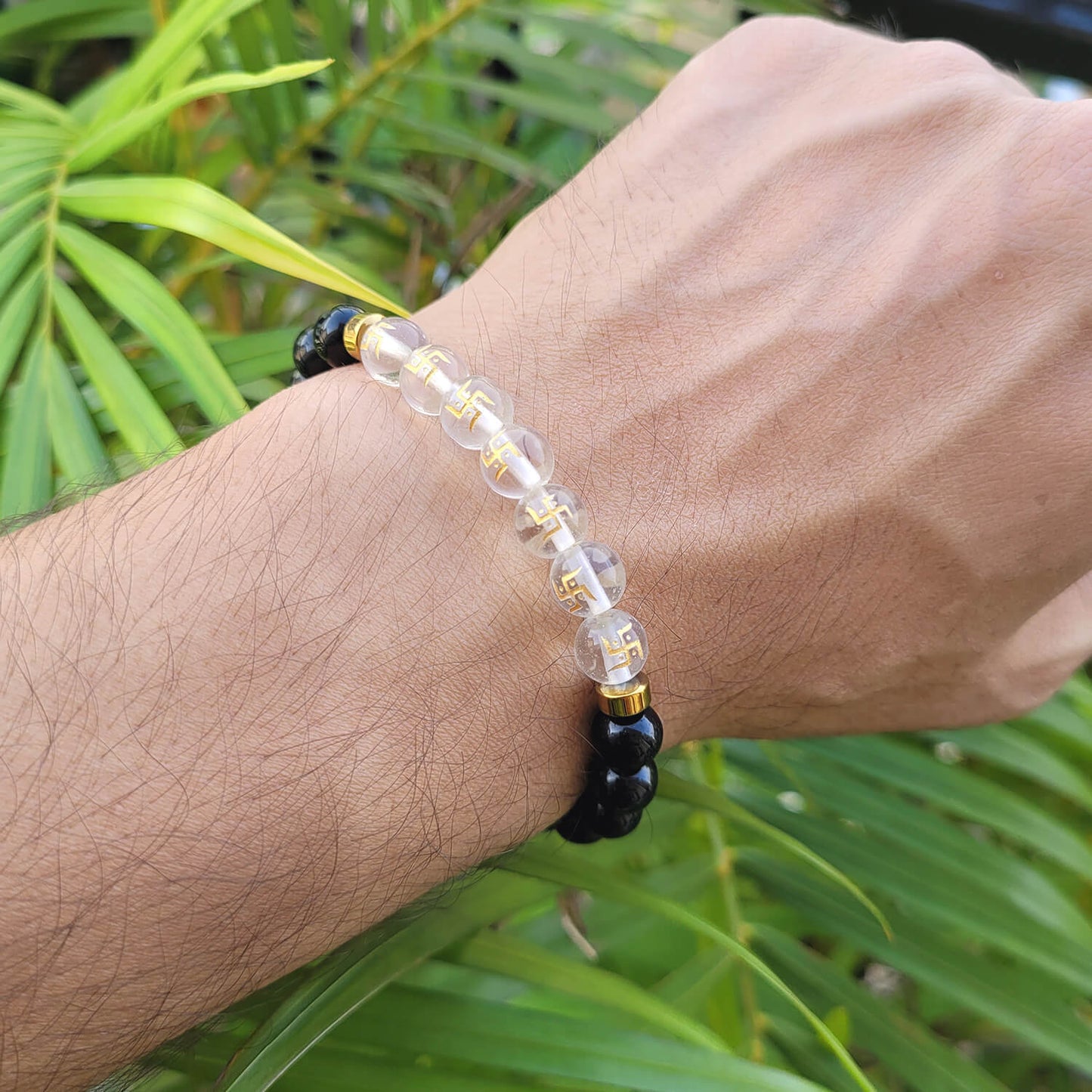 Swastik Black Obsidian With Onyx And Golden Hematite Bracelet