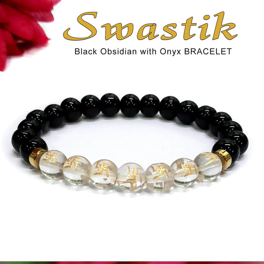 Swastik Black Obsidian With Onyx And Golden Hematite Bracelet