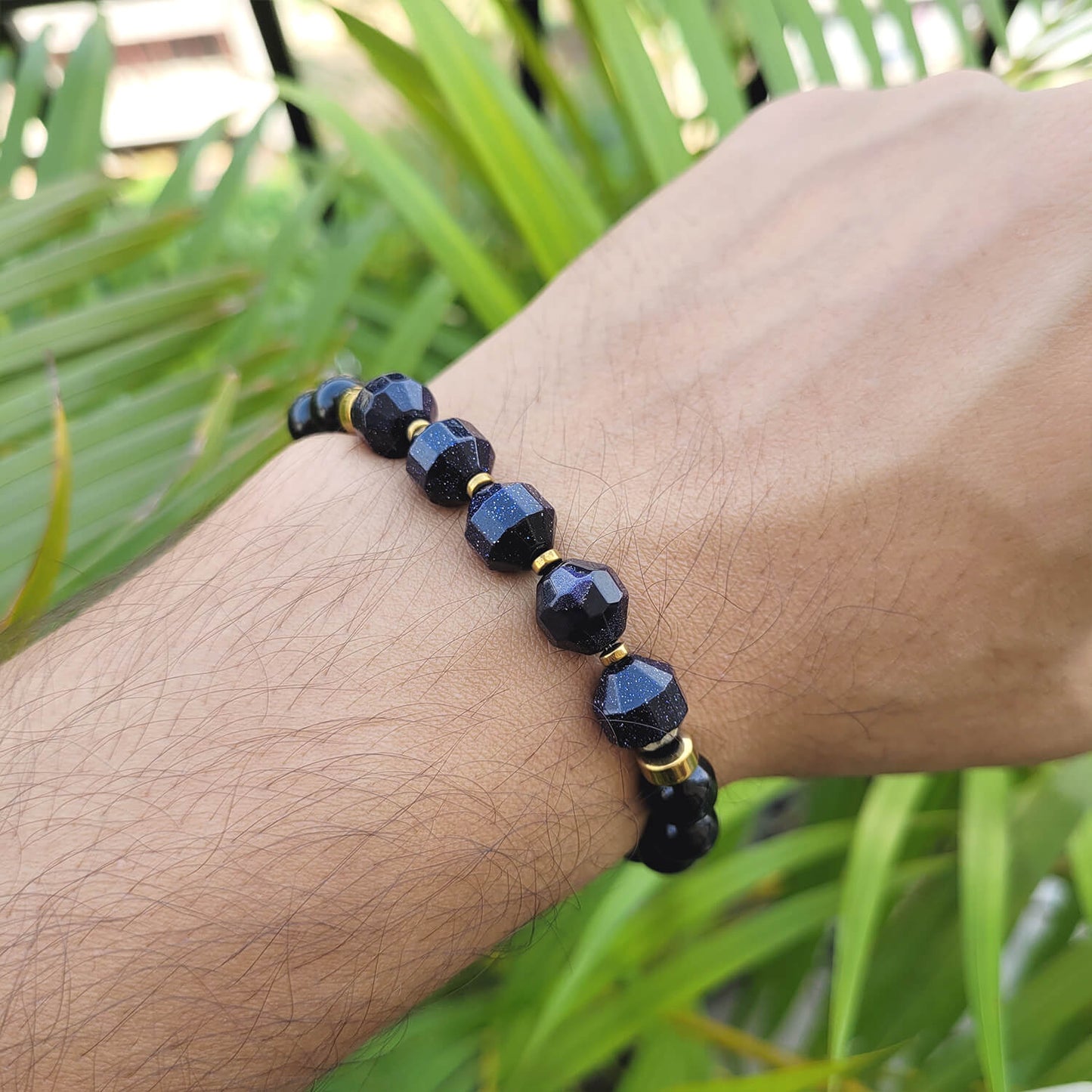 Diamond Cut Blue Sunstone With Black Obsidian And Golden Hematite Bracelet