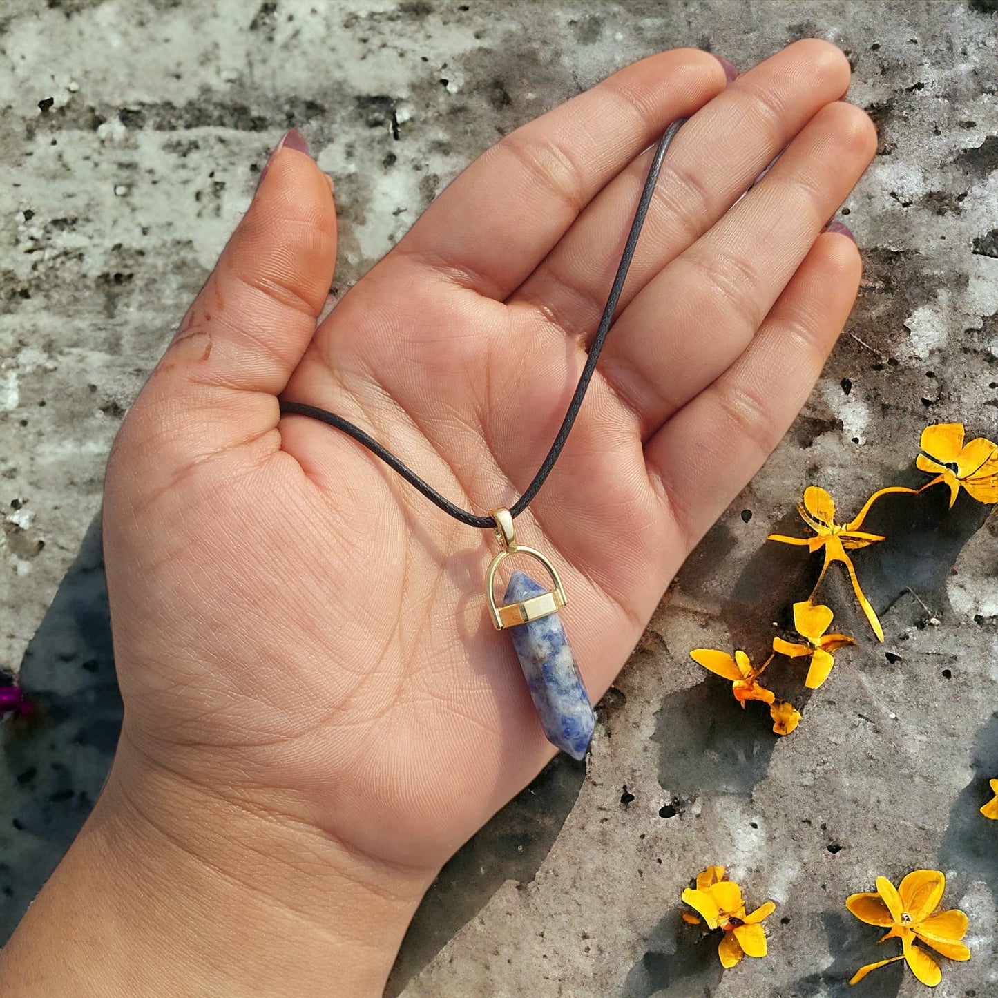 Pencil Shape Stone Pendants With 17 Inches Leatherite Adjustable Chain