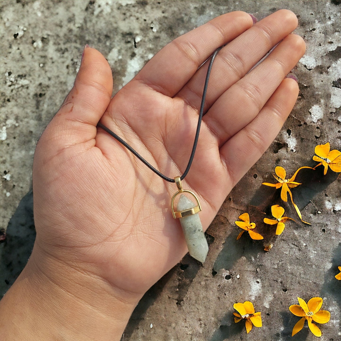 Pencil Shape Stone Pendants With 17 Inches Leatherite Adjustable Chain