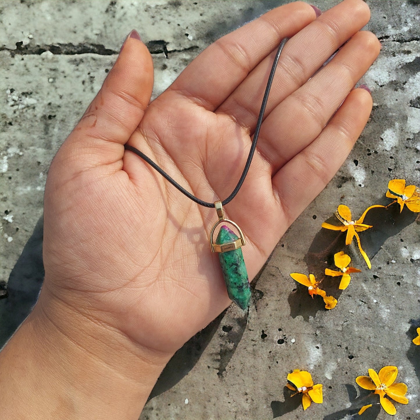 Pencil Shape Stone Pendants With 17 Inches Leatherite Adjustable Chain