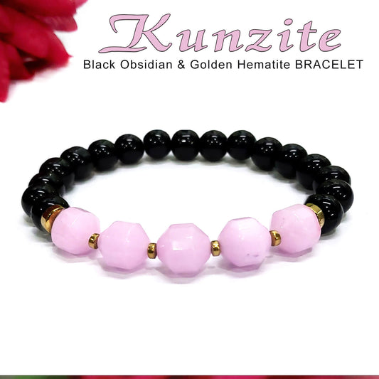 Diamond Cut Kunzite With Black Obsidian And Golden Hematite Bracelet