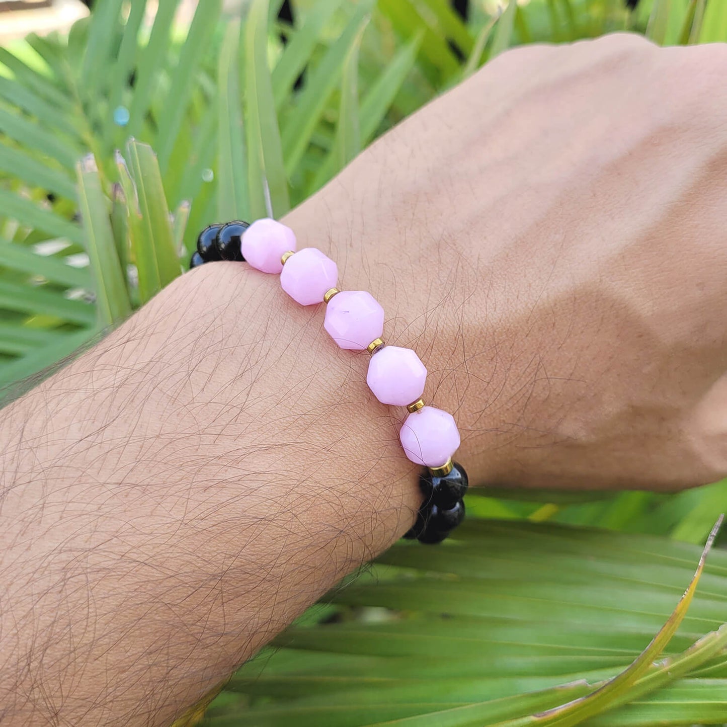 Diamond Cut Kunzite With Black Obsidian And Golden Hematite Bracelet