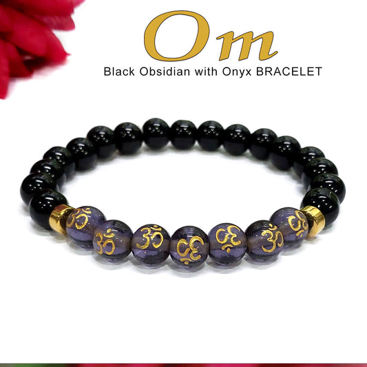 Om Black Obsidian With Onyx And Golden Hematite Bracelet