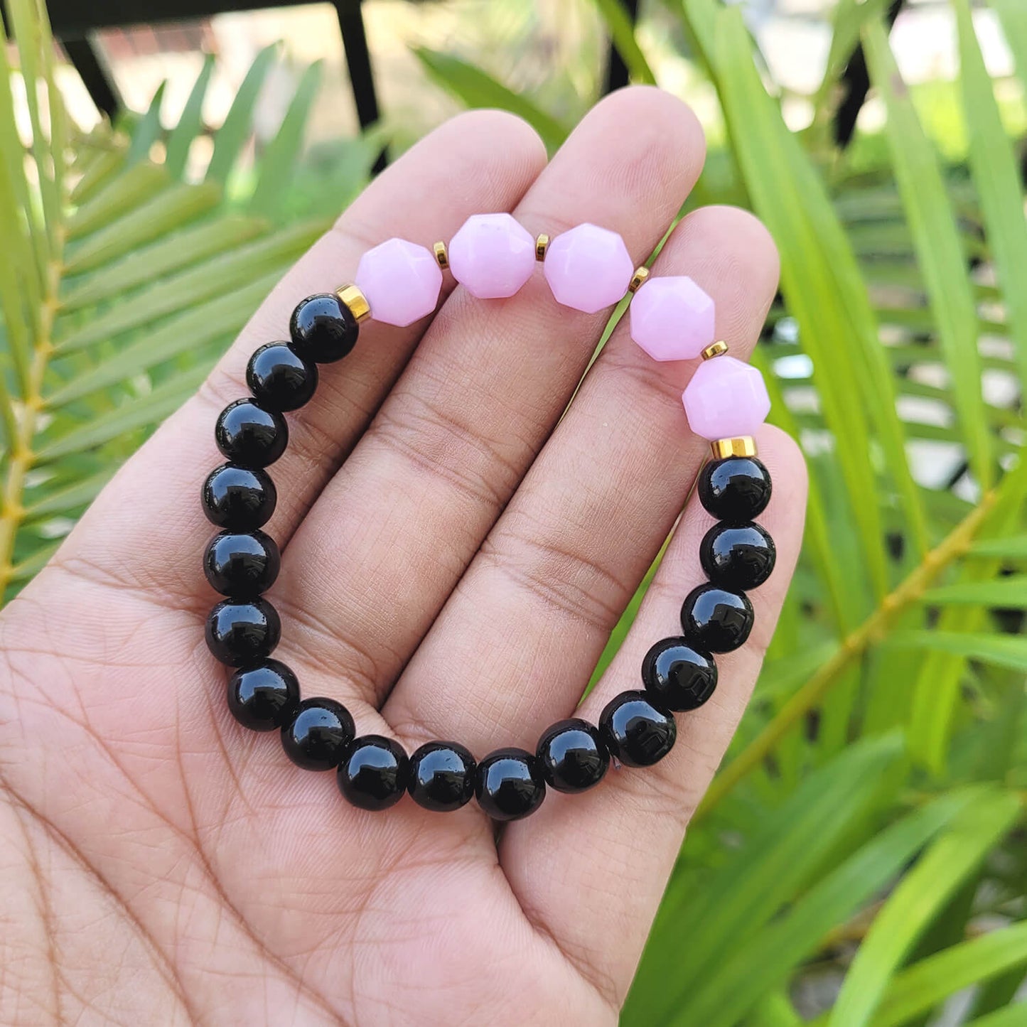 Diamond Cut Kunzite With Black Obsidian And Golden Hematite Bracelet