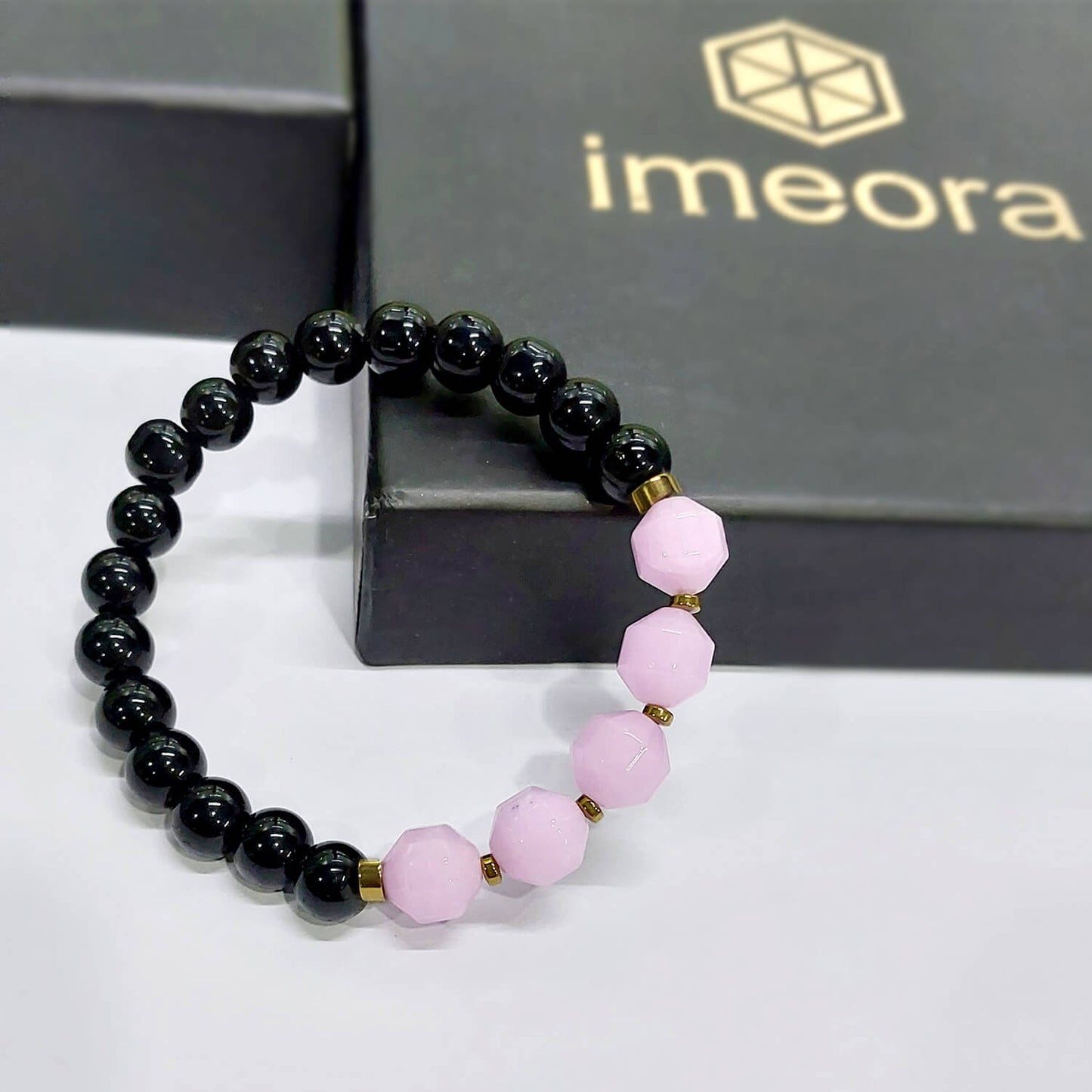 Diamond Cut Kunzite With Black Obsidian And Golden Hematite Bracelet