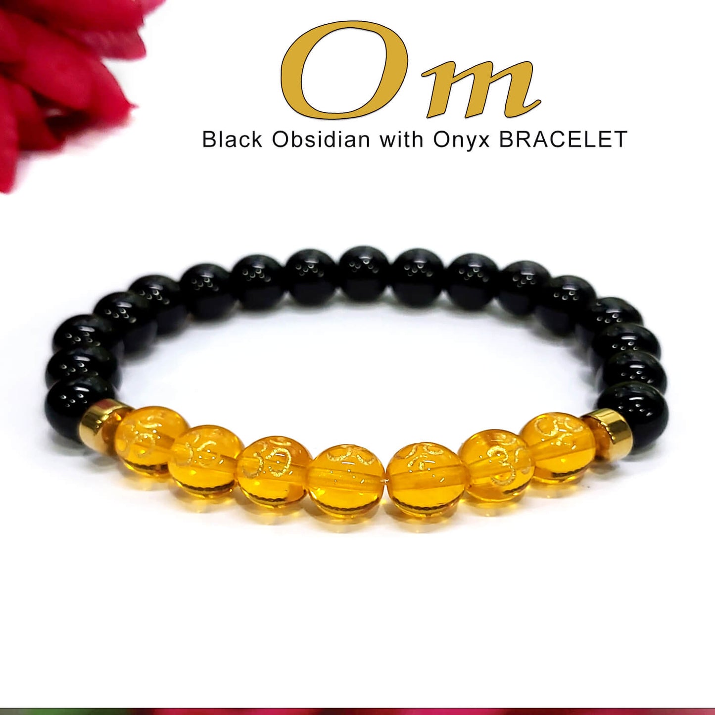 Om Black Obsidian With Onyx And Golden Hematite Bracelet