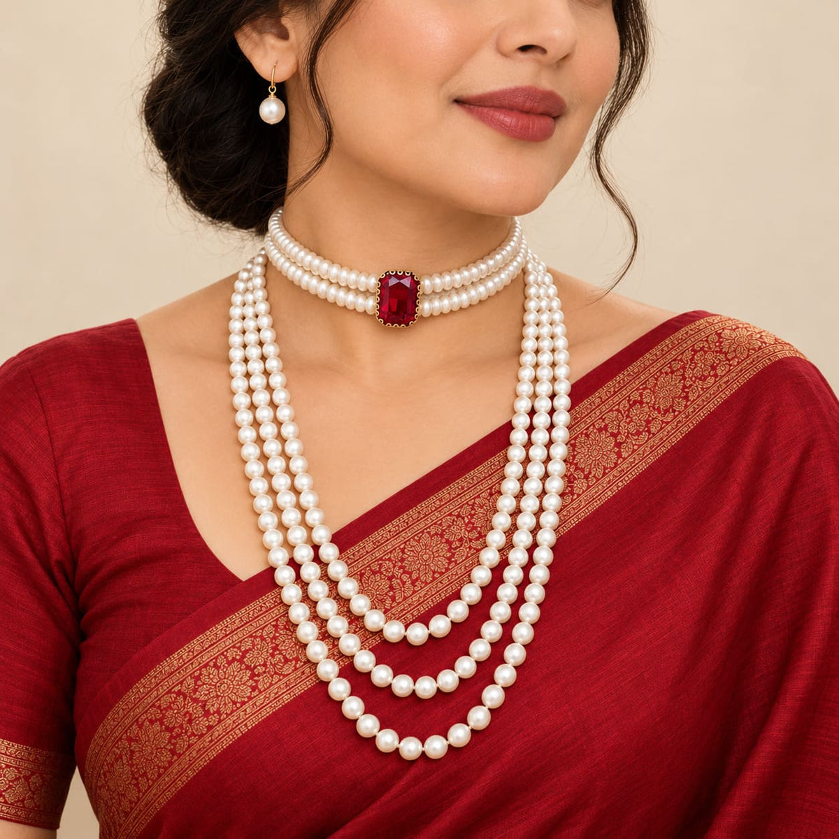 Maharani Pearl Combo Set – Ruby Choker & 3-Layer Necklace