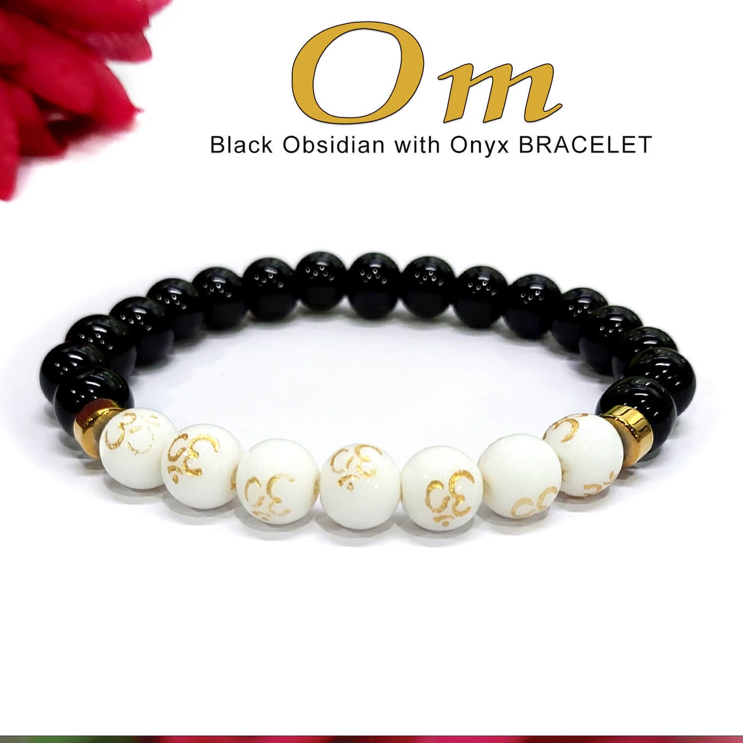 Om Black Obsidian With Onyx And Golden Hematite Bracelet