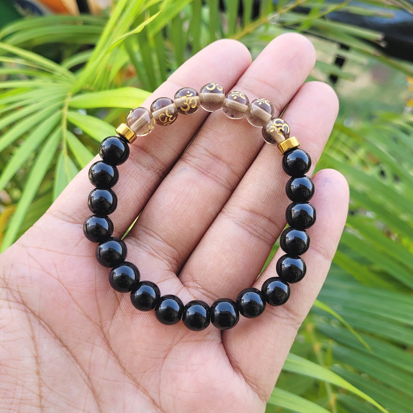 Om Black Obsidian With Onyx And Golden Hematite Bracelet