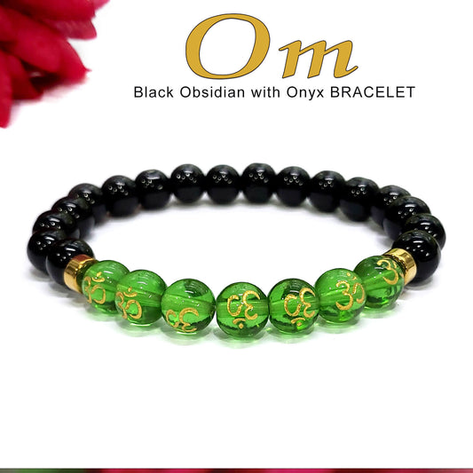 Om Black Obsidian With Onyx And Golden Hematite Bracelet