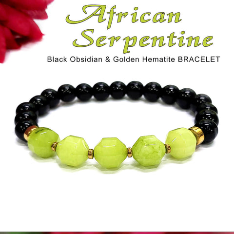 Diamond Cut African Serpentine With Black Obsidian And Golden Hematite Bracelet