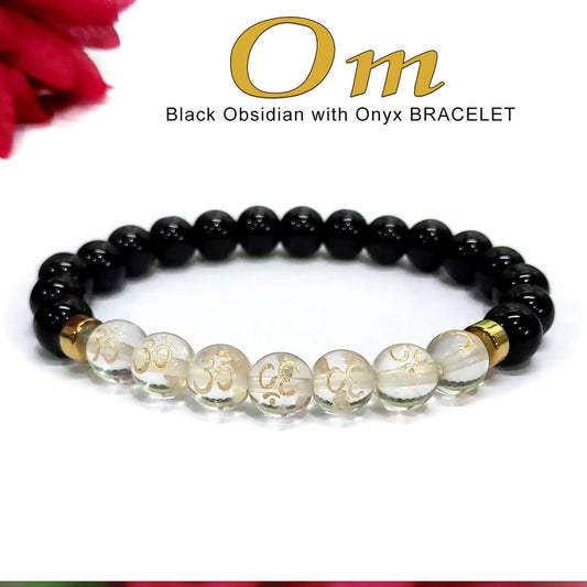 Om Black Obsidian With Onyx And Golden Hematite Bracelet