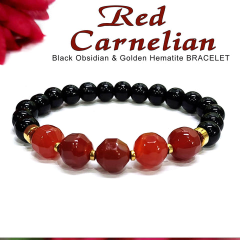 Diamond Cut Red Carnelian With Black Obsidian And Golden Hematite Bracelet