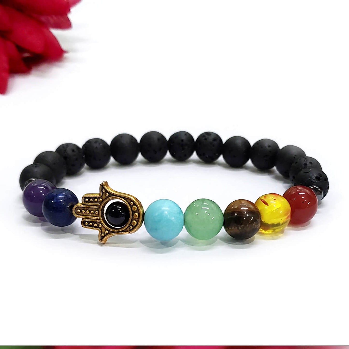 Certified 7 Chakra Hamsa Hand 8mm Natural Stone Bracelet