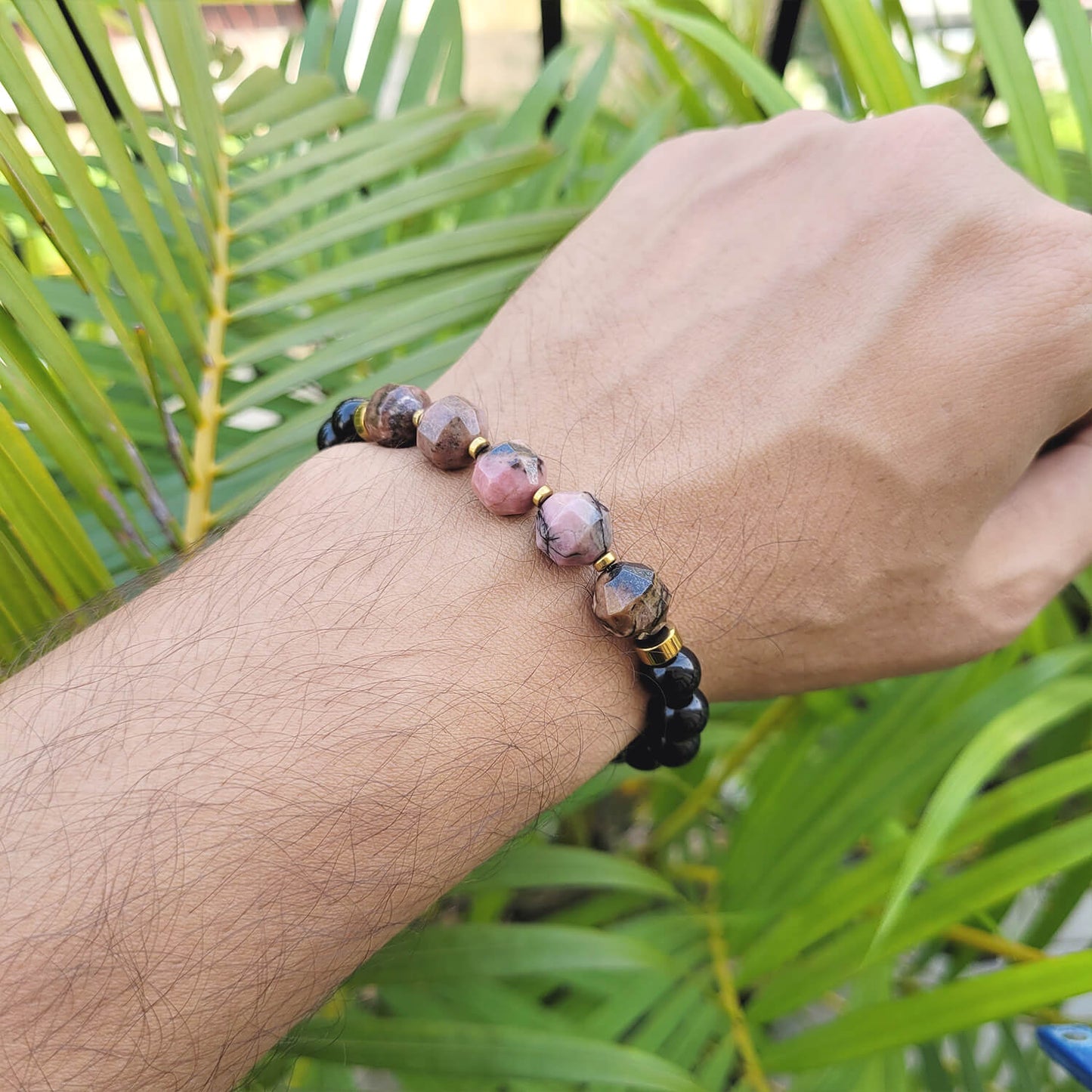 Diamond Cut Rhodonite With Black Obsidian And Golden Hematite Bracelet