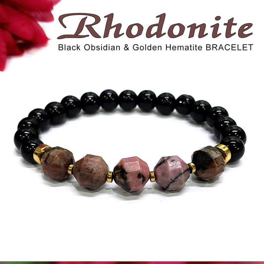 Diamond Cut Rhodonite With Black Obsidian And Golden Hematite Bracelet